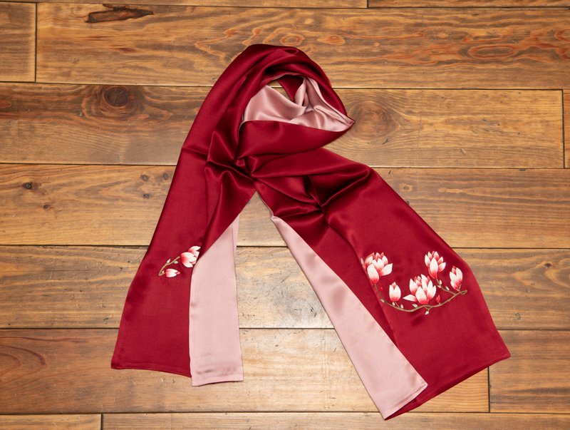 Red and Pink Red Flower Silk Scarf